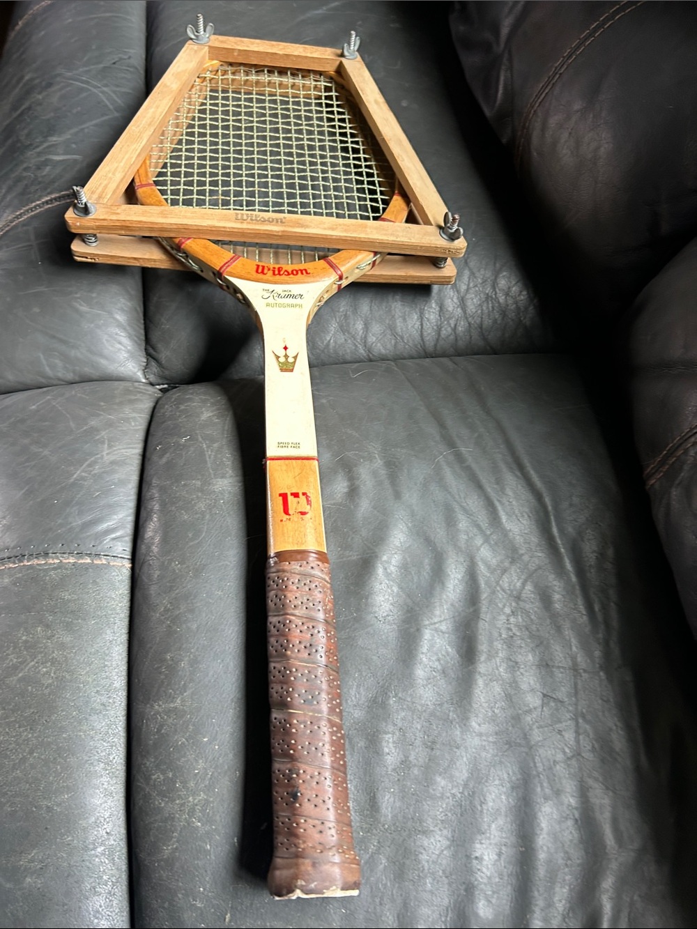 Wilson Wooden Tennis Racket with Red Logo and Brown Grip